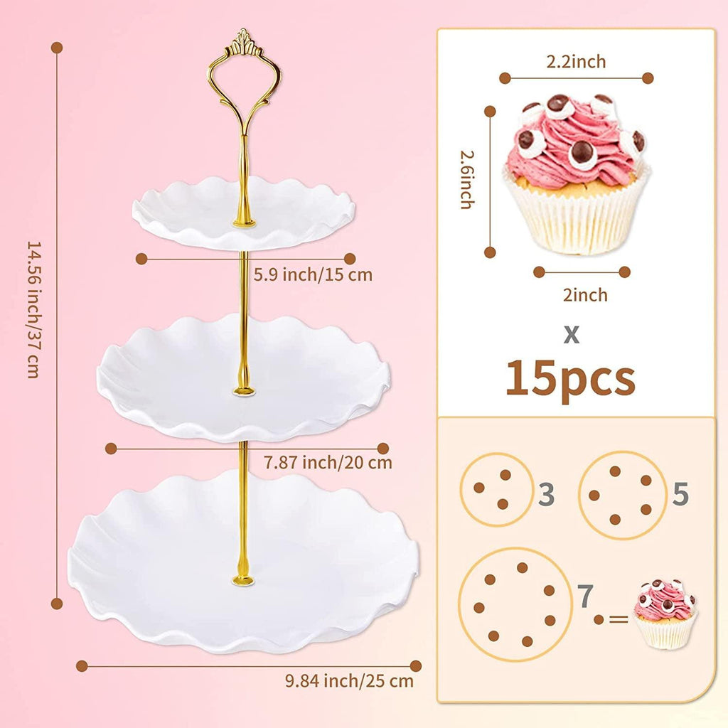 3 Tier Cupcake Stand Holder,  Plastic Cup Cake Stand Towel with Tiered Serving Tray for Cupcakes, Donuts, Fruits and More, White