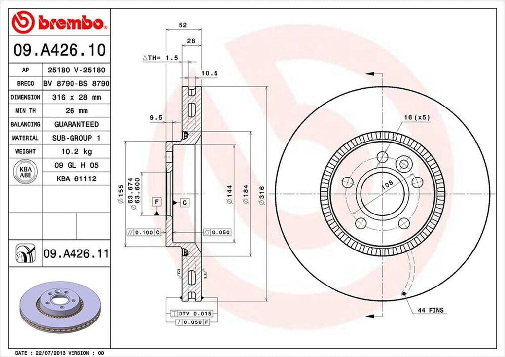 Brembo Front Disc Brake Rotor for LR2, S60, S80, XC70, V70 (09.A426.11)