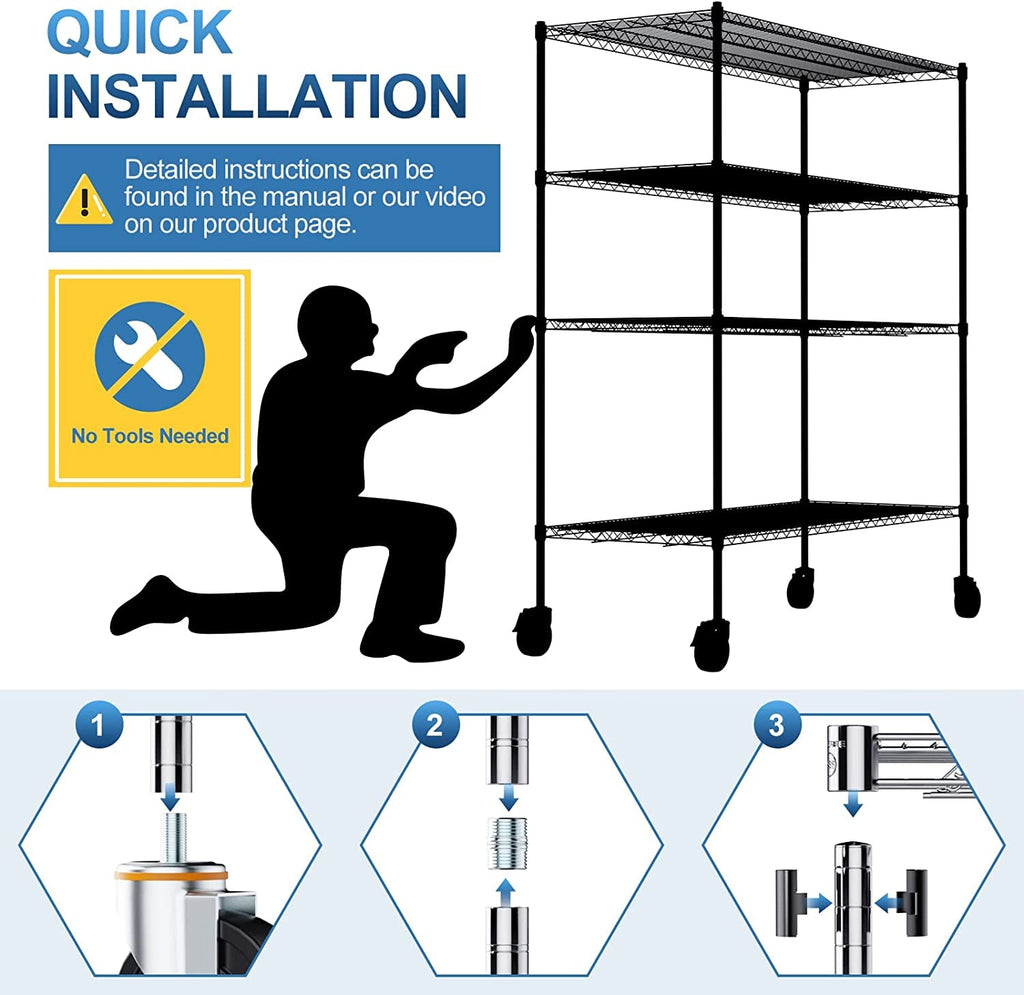 Luxspire Wire Shelving Unit with Wheels, 2400LB Heavy Duty NSF Commercial-Grade Adjustable Storage Shelves, Metal Shelving Utility Rack, Kitchen Garage Organizer Shelf Rack,4-Tier 48X18X72 In, Chrome