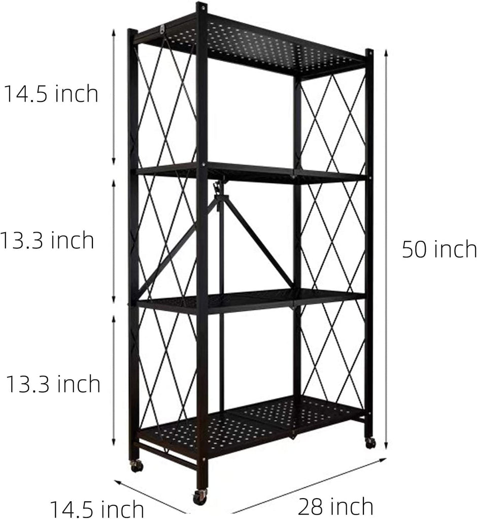 Storage Shelves, Closet Organizers and Storage 4-Shelf Foldable Metal Shelving Units 28" W X 14" D X 50" H for Garage Kitchen Bakers, Collapsible Organizer Rack, Heavy Duty on Wheels (4 -Shelf)