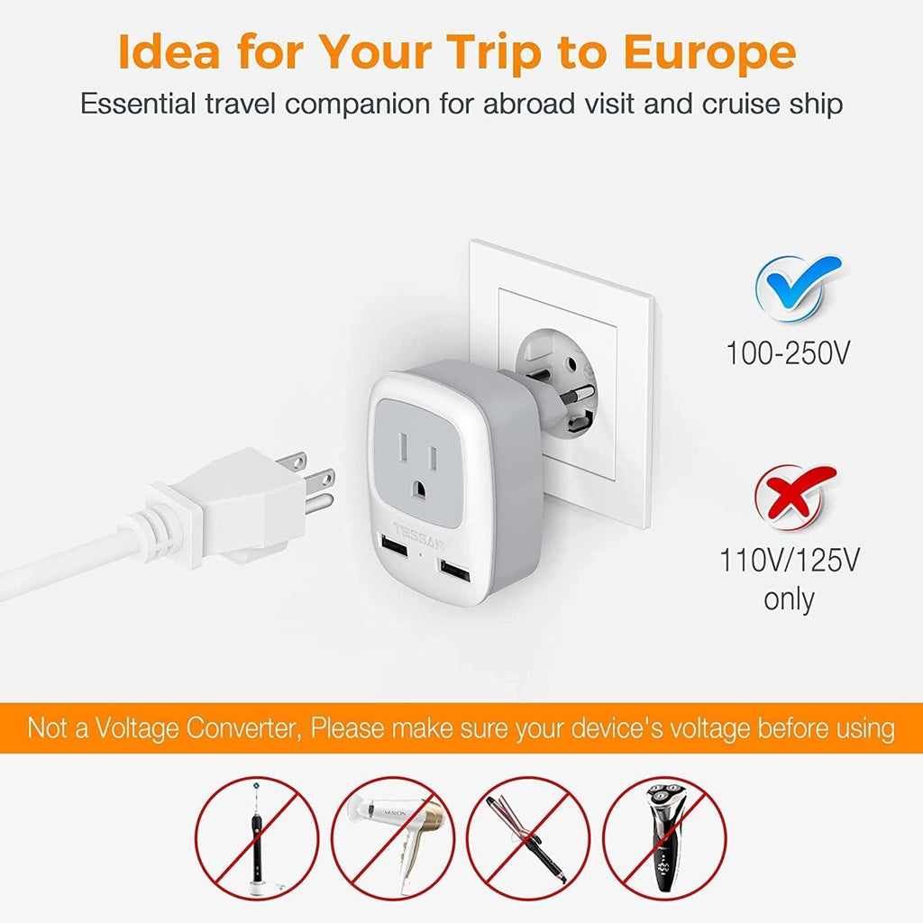 European Travel Plug Adapter 2 Pack,  International Power Outlet Adaptor with 2 USB, Type C Charger from USA to Most of Europe EU Spain Iceland Germany France Italy Israel