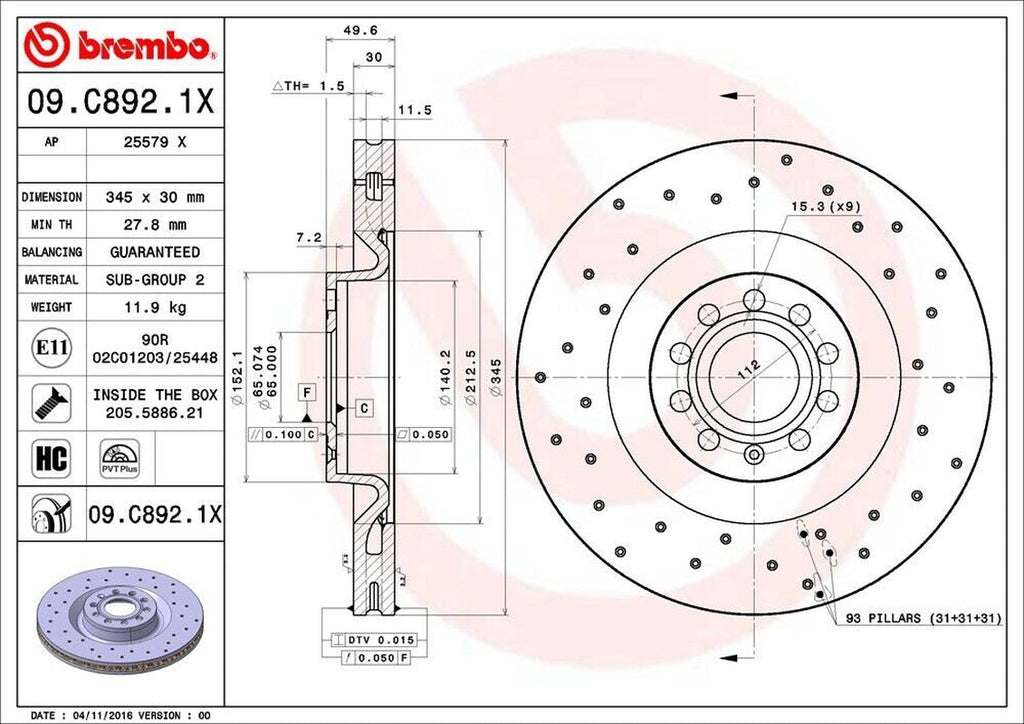 Brembo Front Disc Brake Rotor for Golf R, CC, Passat, R32 (09.C892.1X)
