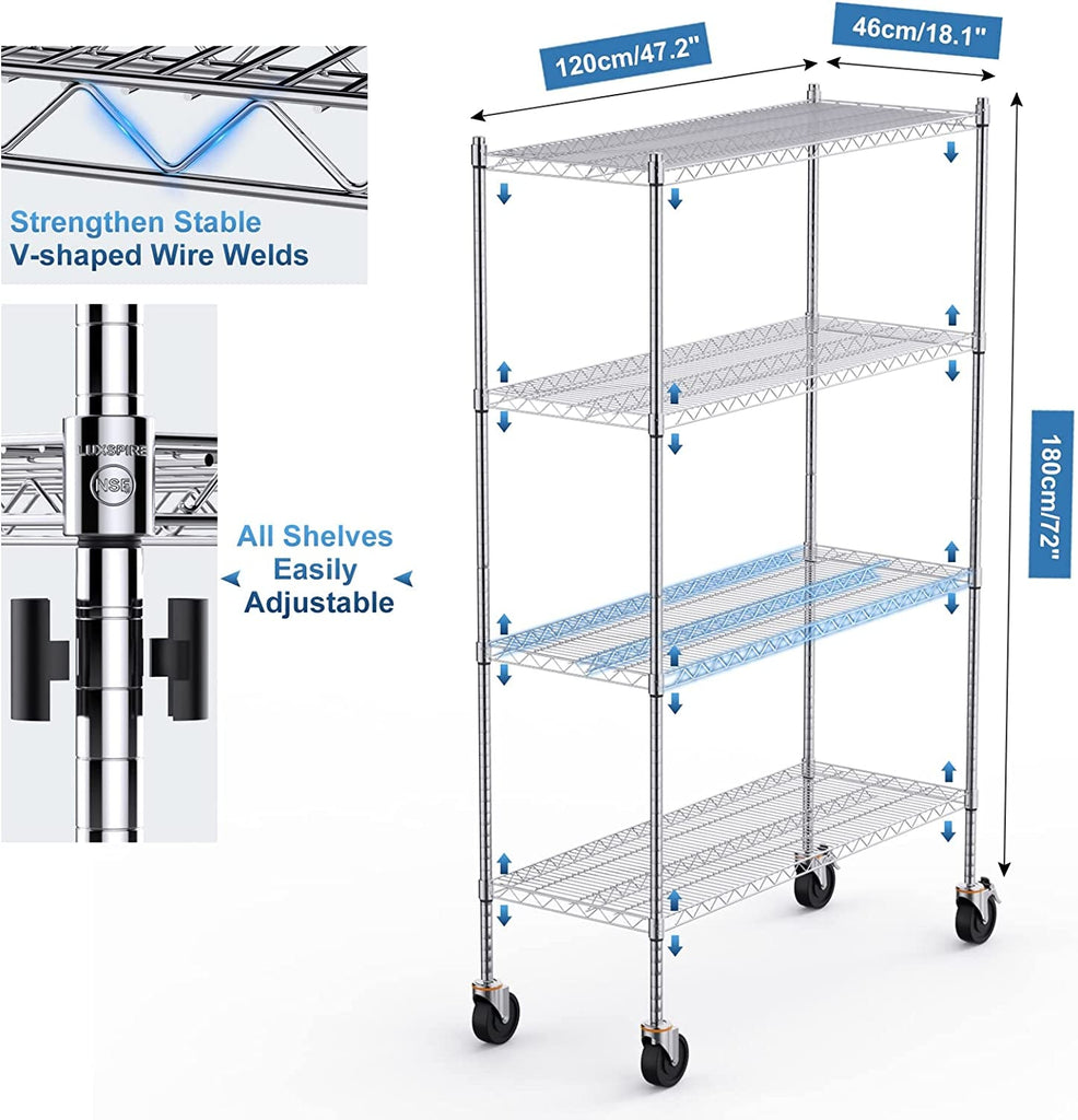 Luxspire Wire Shelving Unit with Wheels, 2400LB Heavy Duty NSF Commercial-Grade Adjustable Storage Shelves, Metal Shelving Utility Rack, Kitchen Garage Organizer Shelf Rack,4-Tier 48X18X72 In, Chrome