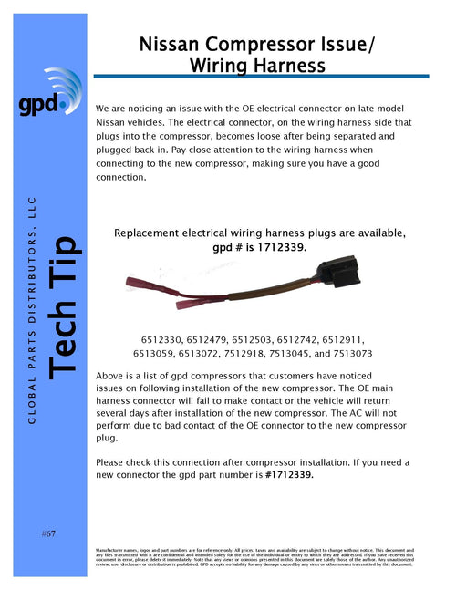 New GPD 1712339 Compressor Pigtail