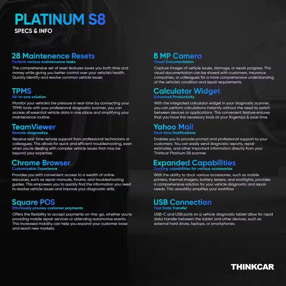 8 In. OBD2 Scanner Tablet Professional Vehicle Diagnostic Scan Tool PLATINUM S8