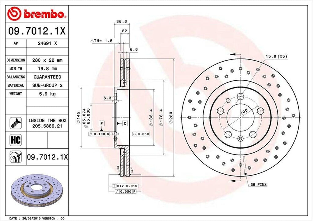 Brembo Front Disc Brake Rotor for Beetle, Golf, Jetta (09.7012.1X)