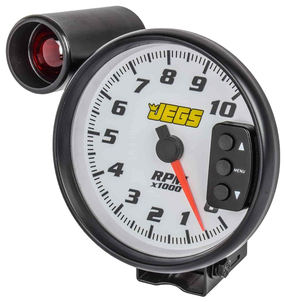 5” Tachometer | White Face with Black Bezel | 0-10,000 RPM Range | Super-Bright LED Shift Light | One-Touch Peak RPM Recall | Mounting Bracket Included