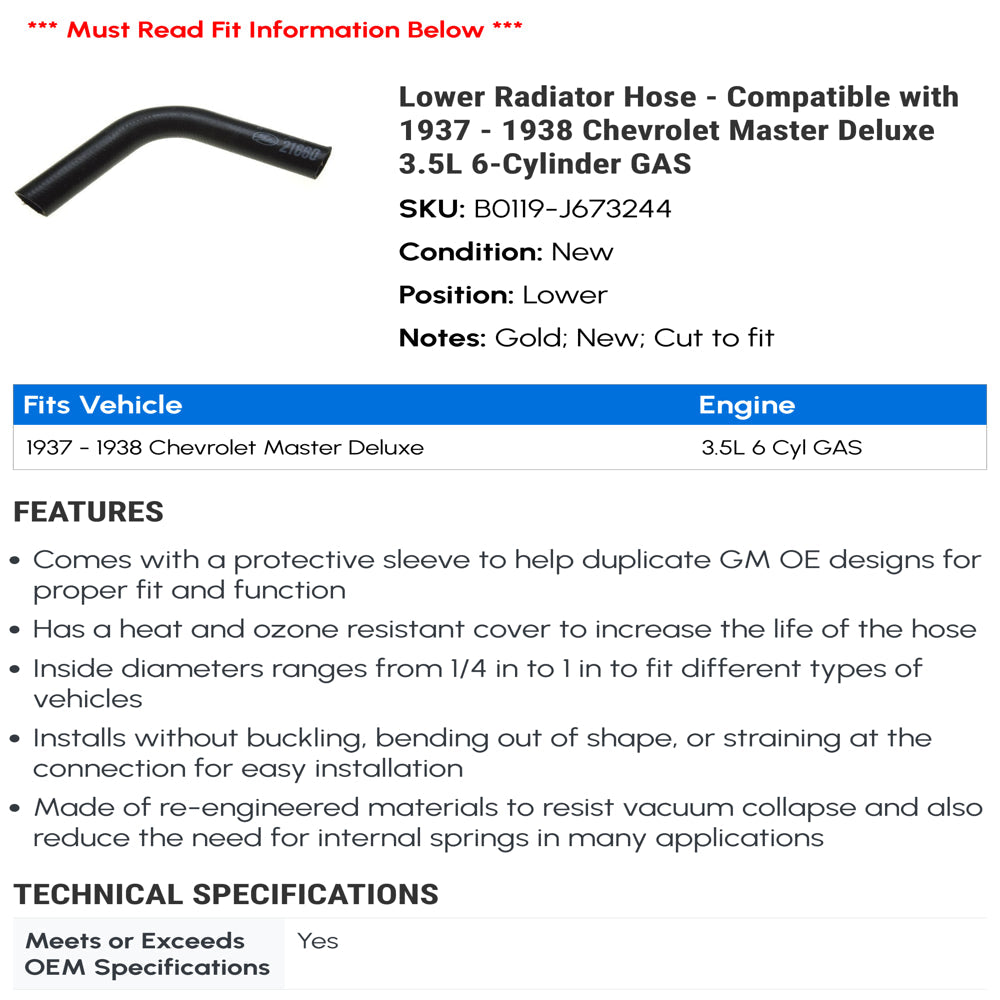 Lower Radiator Hose - Compatible with 1937 - 1938 Chevy Master Deluxe 3.5L 6-Cylinder GAS