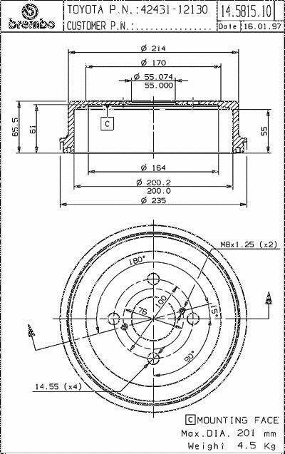 Brembo 14.5815.10 Premium OE Equivalent Brake Drum For 93-02 Corolla Prizm - greatparts